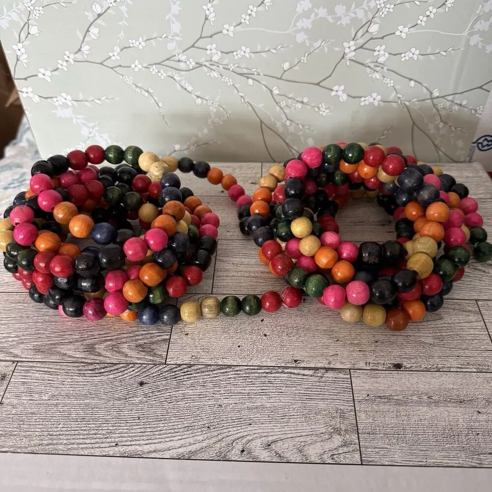 Vintage 9 ft WOODEN BEAD Christmas Tree Garland Strands Multi-Color LOT OF 2